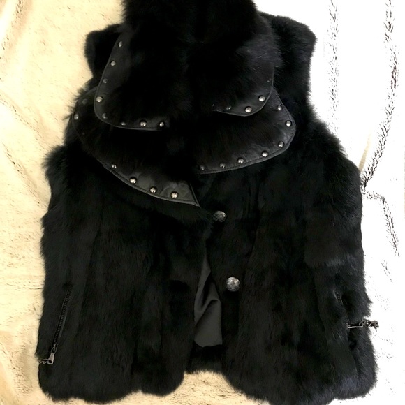 Fly Girl Jackets & Blazers - Black Fur vest with leather/studded collar
